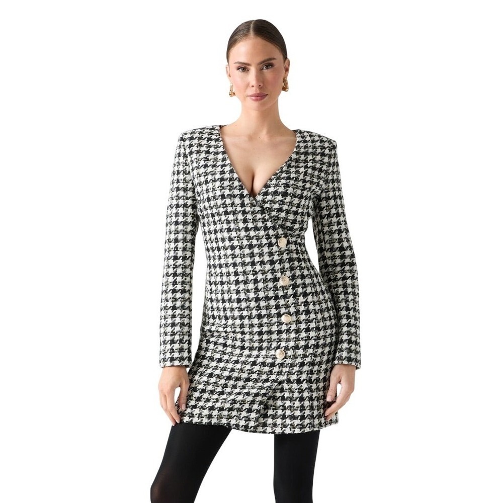 Marciano by Guess Sevilla Tweed Mini Dress Houndstooth Black White US 6 IT 42